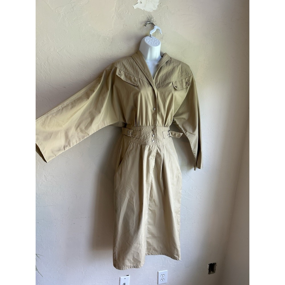 Vintage 80s Khaki Trench Midi Shirt Dress 10 Equestrian Old Money Minimalist - Picture 2 of 10